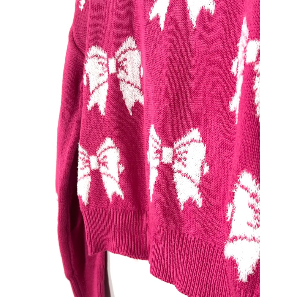 Merry Christmas by Poof hot pink bow sweater knit juniors small cropped s crew - Picture 4 of 6